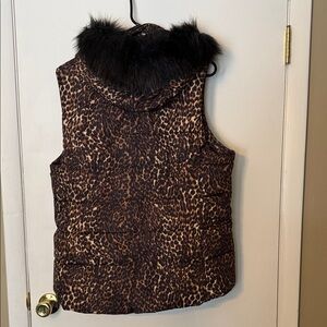 Calvin Klein Performance Leopard Print Puffer Vest with Faux Fur Trim